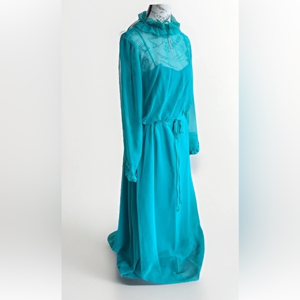 Vintage 70s House Of Bianchi Sheer Chiffon Teal Prairie Cottage Core Maxi Dress